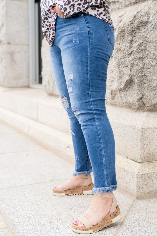 Light Blue Ripped Frayed Straight Leg Plus Size Jeans
