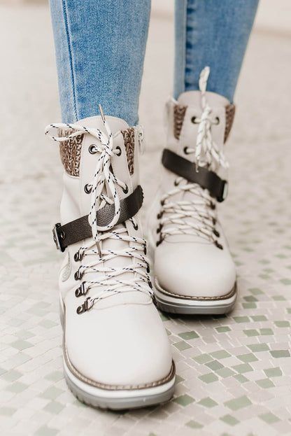 Buckle Lace-up Zipped PU Leather Heeled Boots