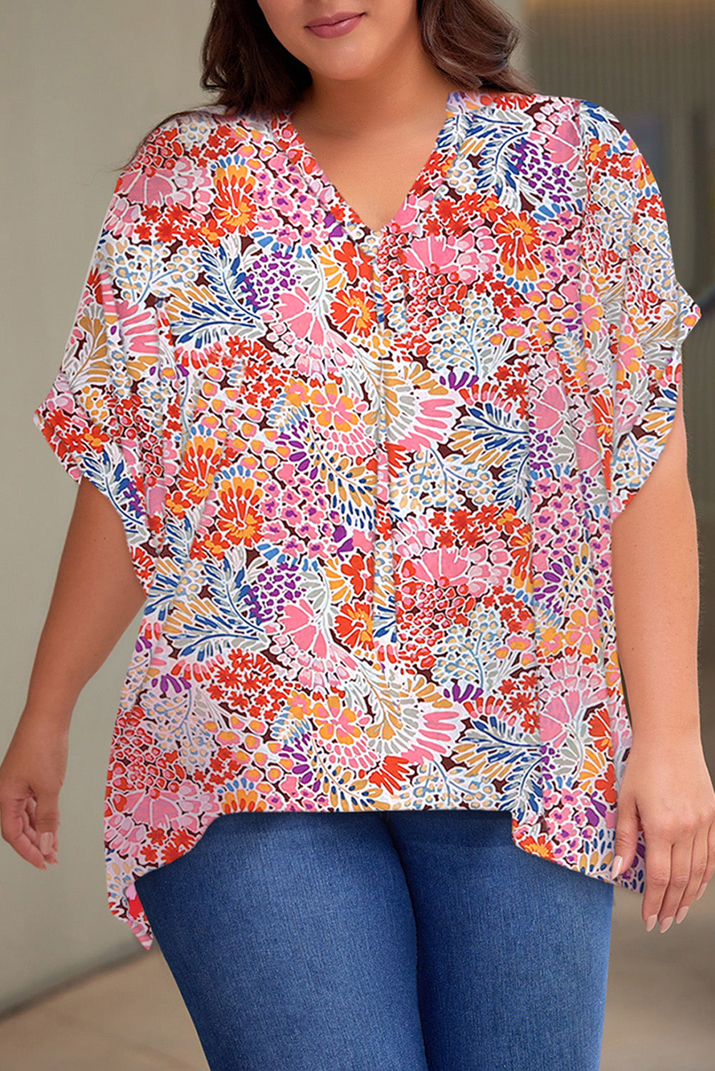 Multicolor Floral Print V Neck Half Sleeve Plus Size Blouse