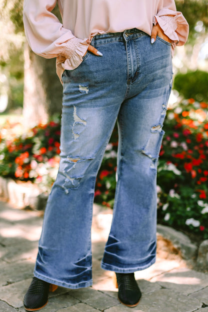Light Blue Ripped Casual Plus Size Flare Jeans