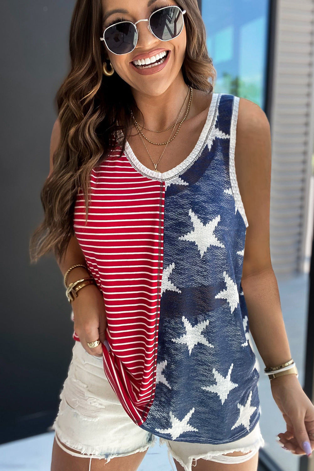 Multicolor Stripes Stars Print Knit Short Sleeve Top