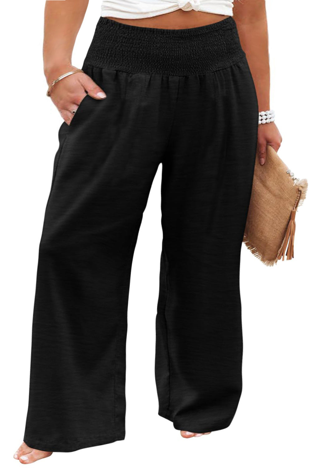 Black Shirred High Waist Plus Size Wide Leg Pants