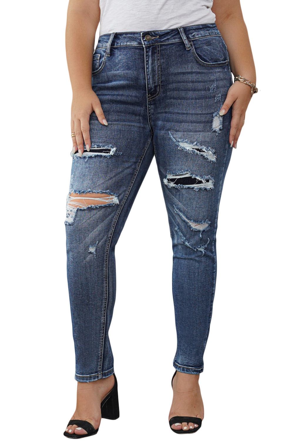 Casual Distressed High Waist Plus Size Jeans