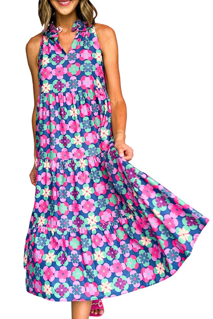 60s Flower Split Neck Sleeveless Tiered Maxi Dress