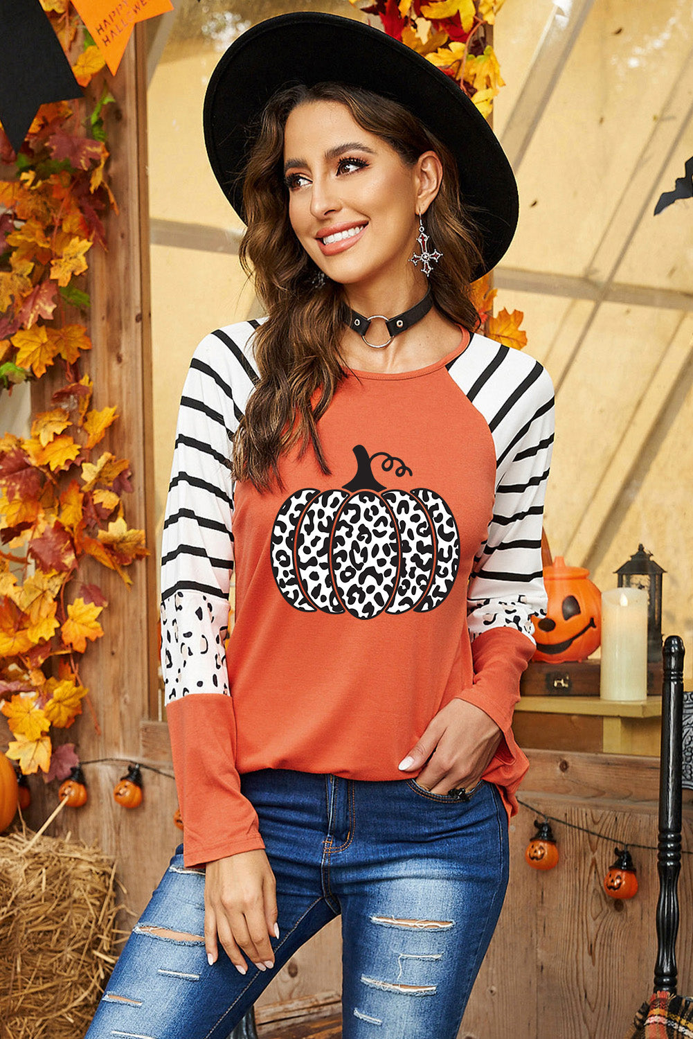 Leopard Pumpkin Graphic Contrast Long Sleeve Top