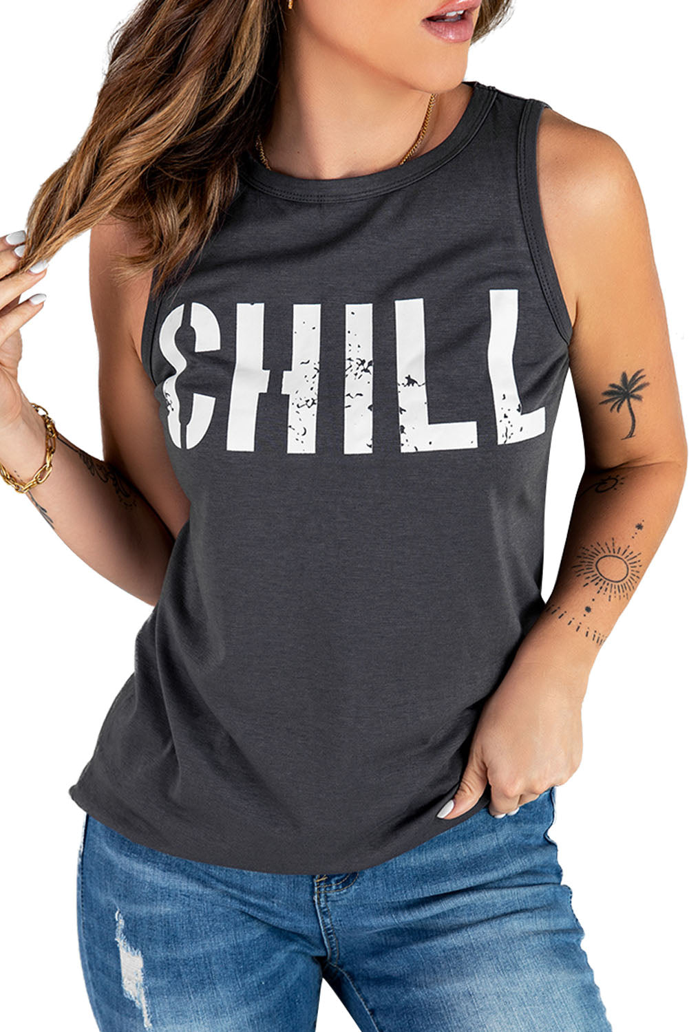 Dark Gray Letter Print Sleeveless Crew Neck Tank Top