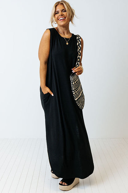 Plus Size Wide Sleeveless Shoulder Split Maxi Tank Dress