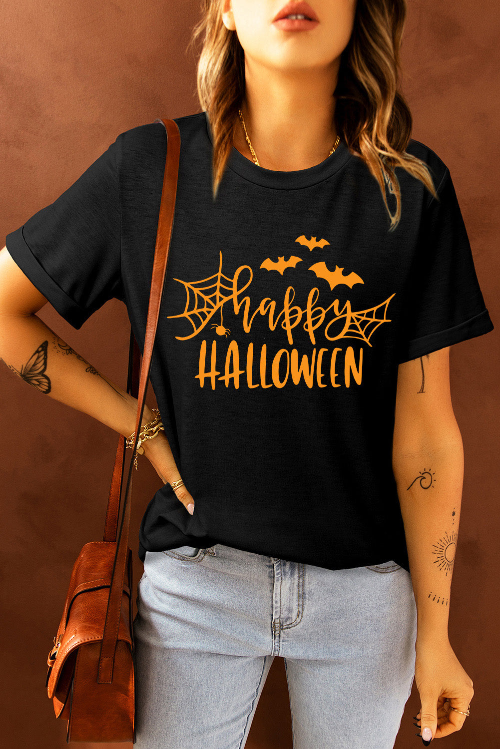 Black Happy Halloween Letter Print Graphic T-shirt