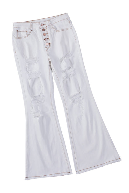 White Distressed Buttons High Waisted Flare Jeans