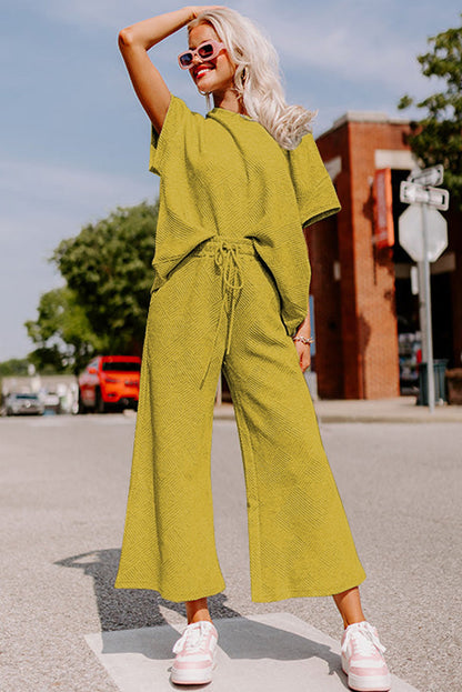 Gray Textured Loose Fit T Shirt & Drawstring Pants Set