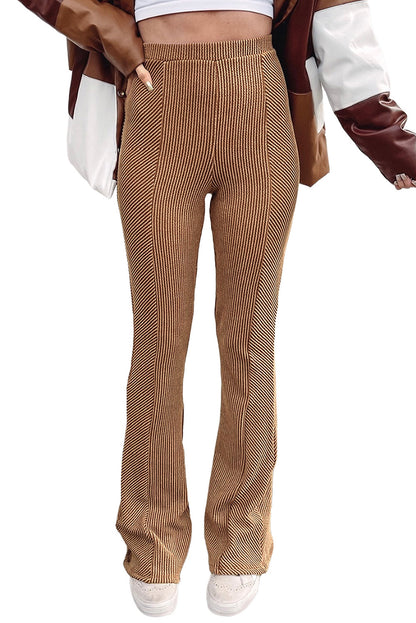 Brown Casual Ribbed Knit High Rise Flare Leggings