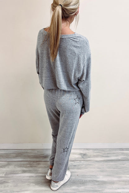 Gray Stars Print Long Sleeve Top and Drawstring Pants Set