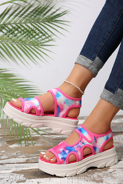 Strawberry Pink Tie Dye Print Hollow Out Platform Sandals