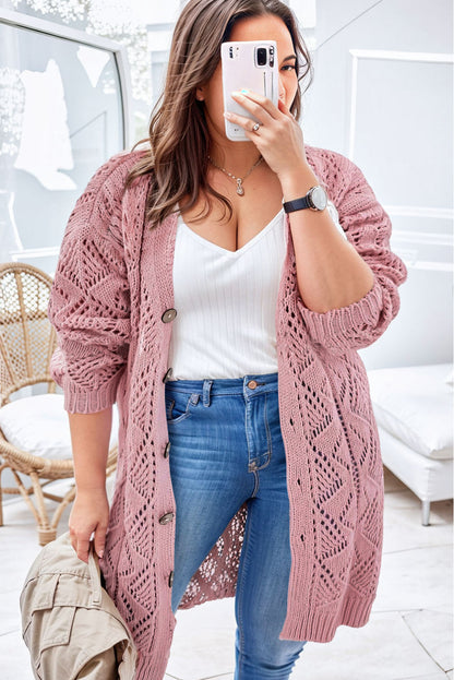 Pink Hollow Knit Button-Up Plus Size Cardigan