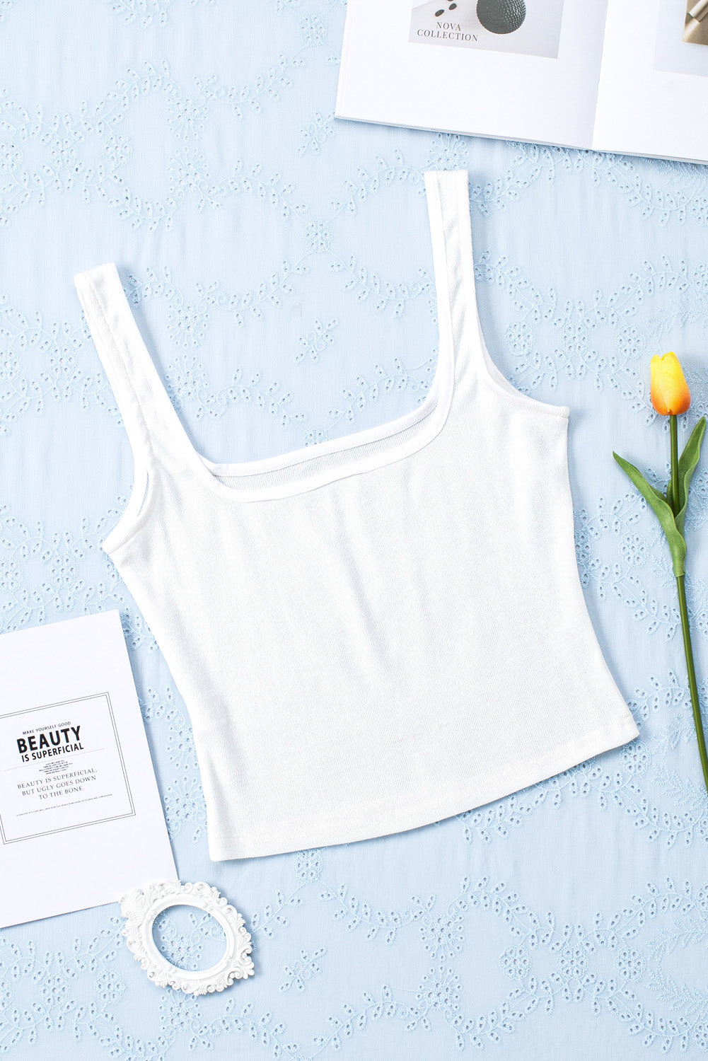 Plain White Slim Fit Square Neck Cropped Tank Top