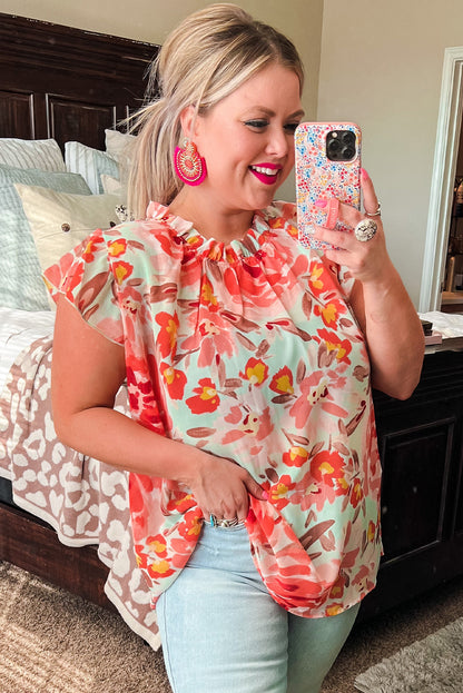 Plus Size Watercolor Floral Print Frill Neck Blouse