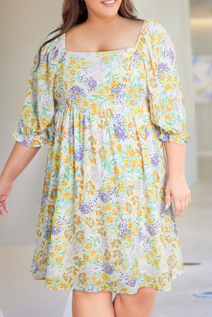 Multicolor Floral Print Ruffle Bubble Sleeve Plus Size Babydoll Dress