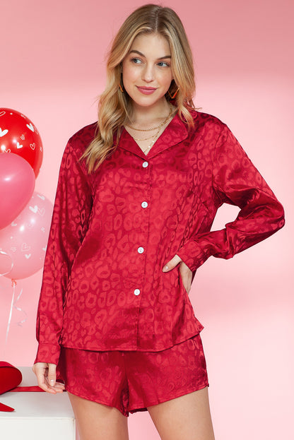 Red Leopard Satin Long Sleeve Top & Shorts Loungewear Set