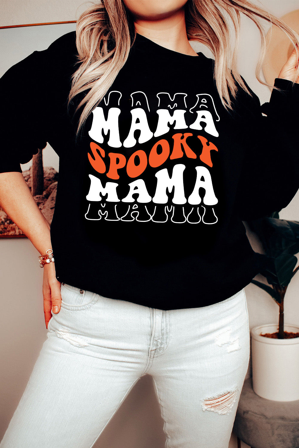 Black Spooky Mama Letter Graphic Halloween Sweatshirt