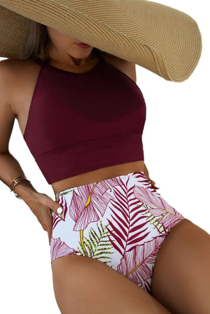 Swimsuit Red Tropical Print Back Split Color Block High Waisted