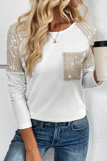 Sequin Patch Chest Pocket Raglan Sleeve Top