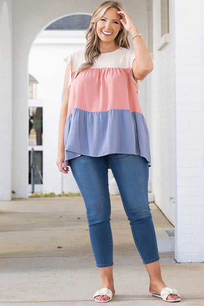 Plus Size Colorblock Ruffle Flowy Short Sleeve Blouse