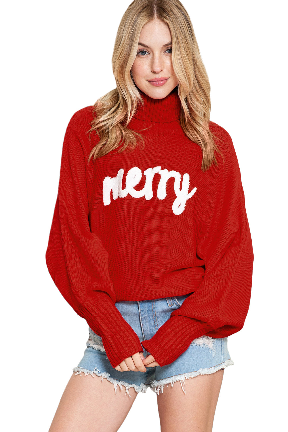 Turtle Neck Batwing Sleeve Merry Christmas Sweater