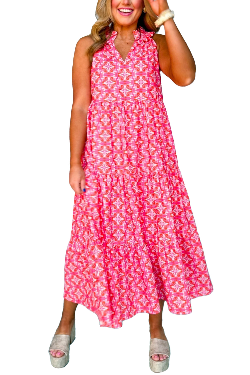 60s Flower Split Neck Sleeveless Tiered Maxi Dress