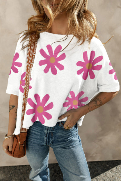 60s Vintage Flower Print Batwing Sleeve T Shirt
