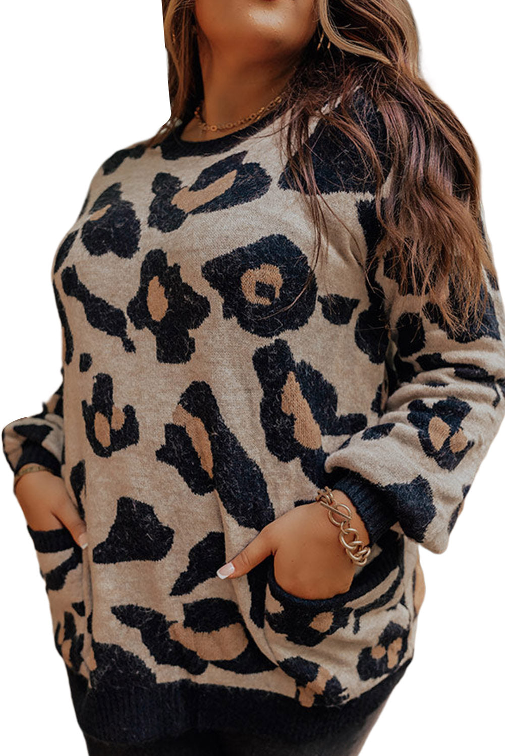 Leopard Ribbed Trim Pocketed Plus Size Sweater