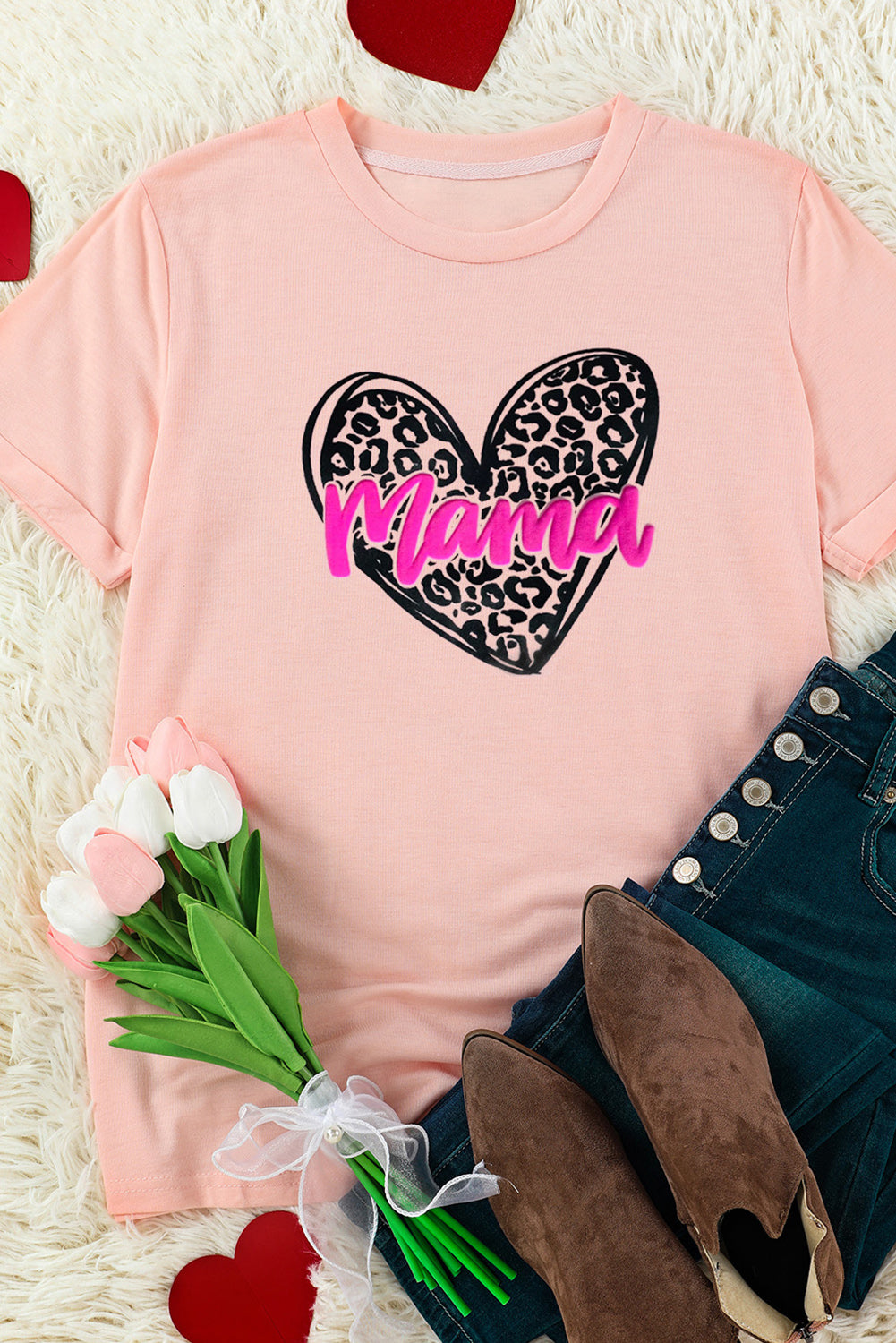 Pink mama Letter Leopard Heart Graphic Crew Neck Tee
