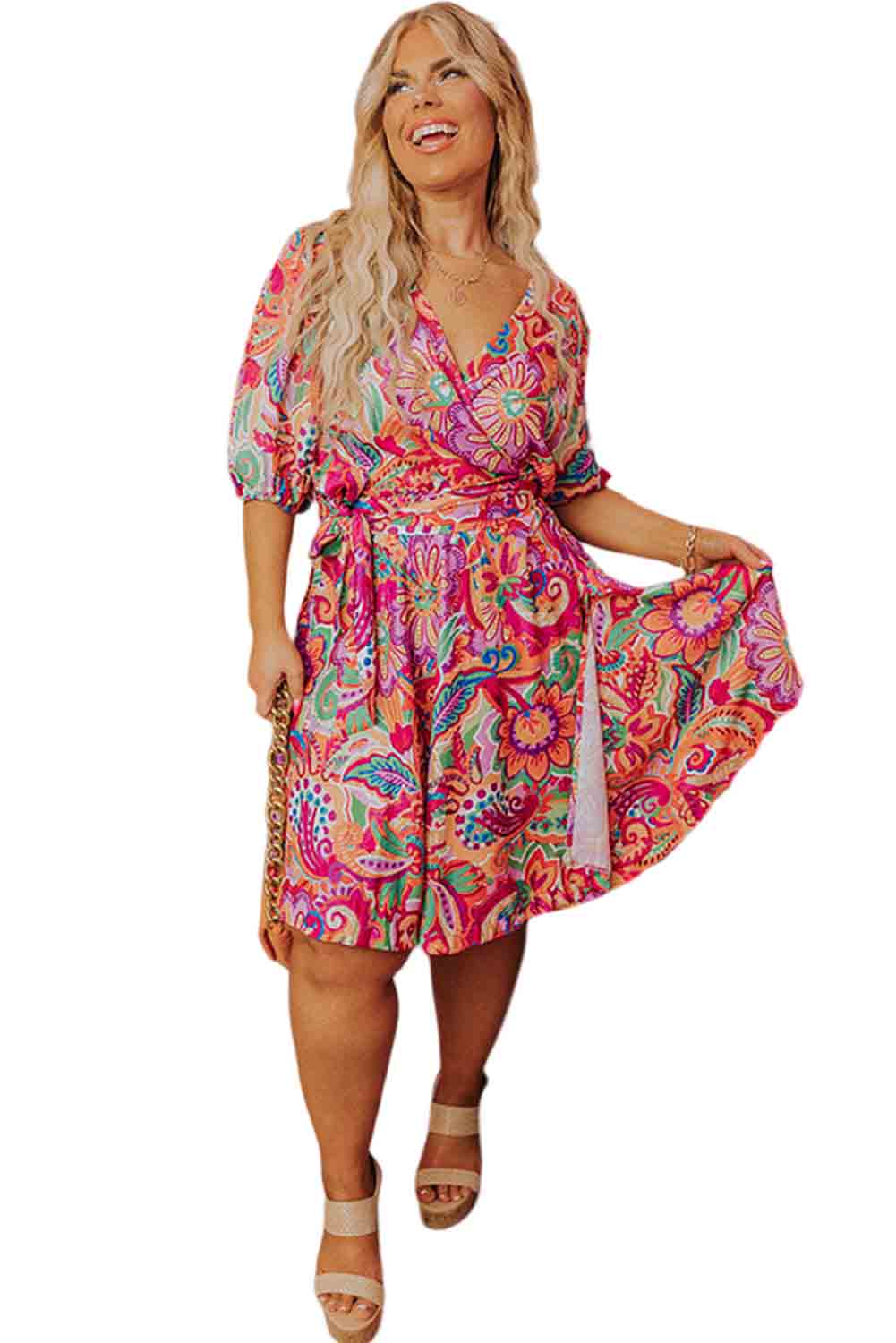 Multicolor Boho Paisley Floral Print Wrap V Neck Puff Sleeve Plus Size Dress