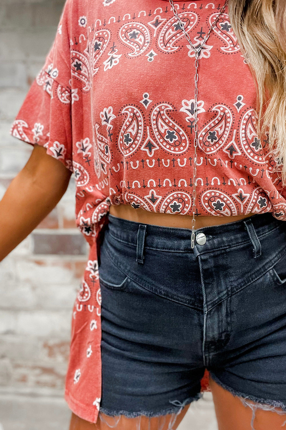 Red Paisley Print Round Neck Split Long T Shirt