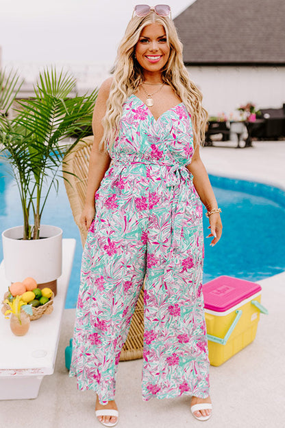 Floral Print Wrap V Neck Waist Belted Plus Size Jumpsuit