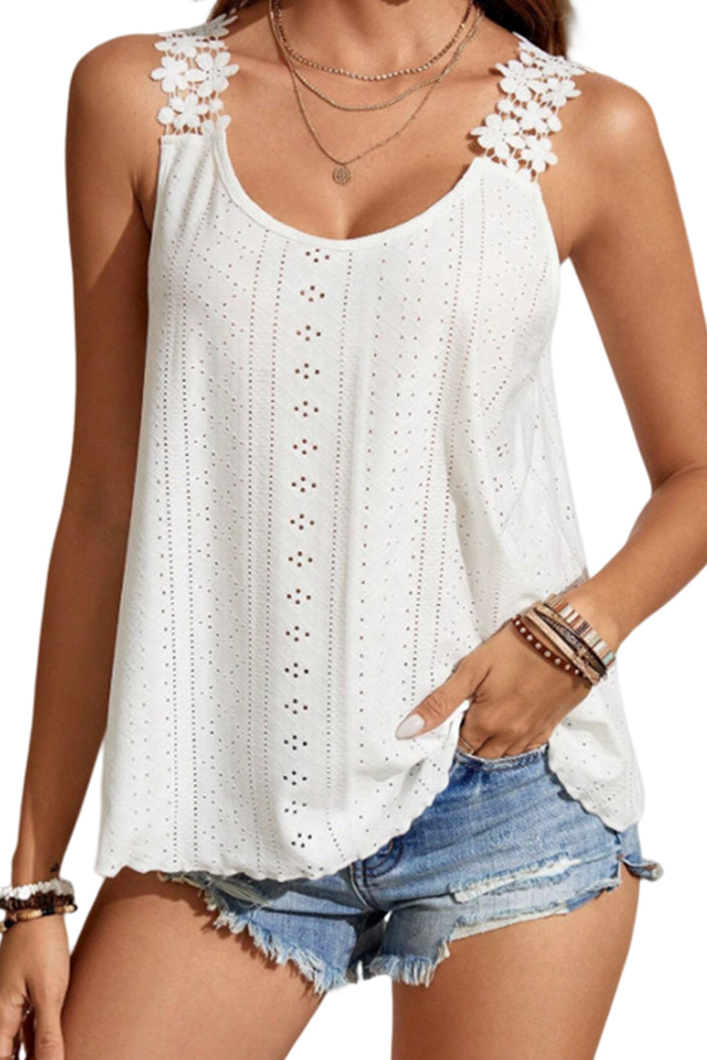 Solid U Neck Lace Eyelet Tank Top