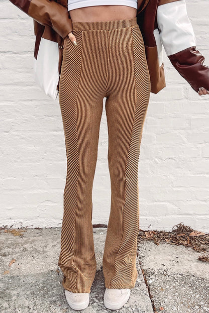 Brown Casual Ribbed Knit High Rise Flare Leggings