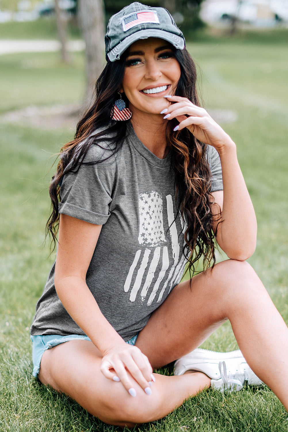 Gray Casual American Flag Graphic Crew Neck T Shirt