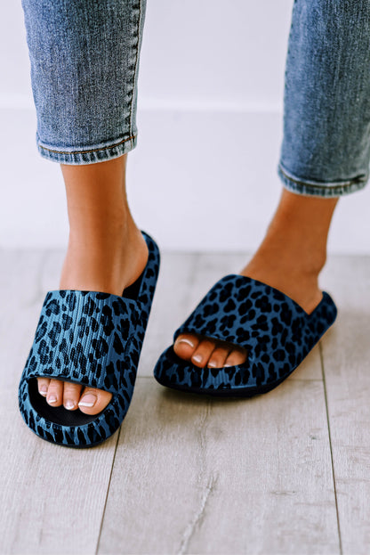 Black Leopard Print Open Toe Thick Flat Slippers