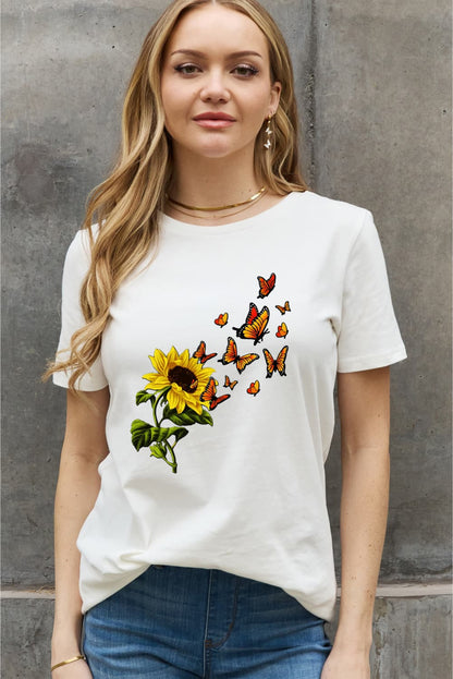 Simply Love Full Size Sunflower Butterfly Graphic Cotton Tee