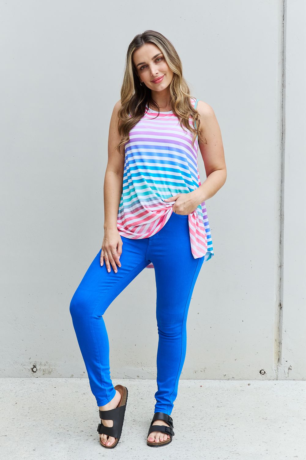 Heimish Love Yourself Full Size Multicolored Striped Sleeveless Round Neck Top