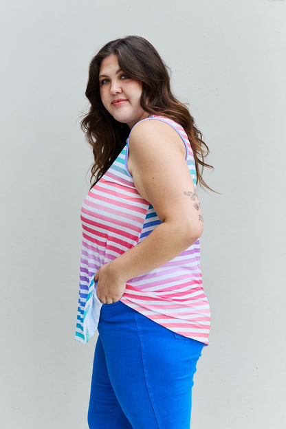 Heimish Love Yourself Full Size Multicolored Striped Sleeveless Round Neck Top