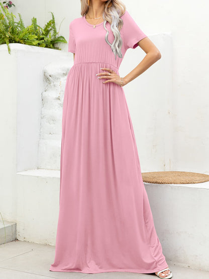 Round Neck Short Sleeve Maxi Dress with Pockets