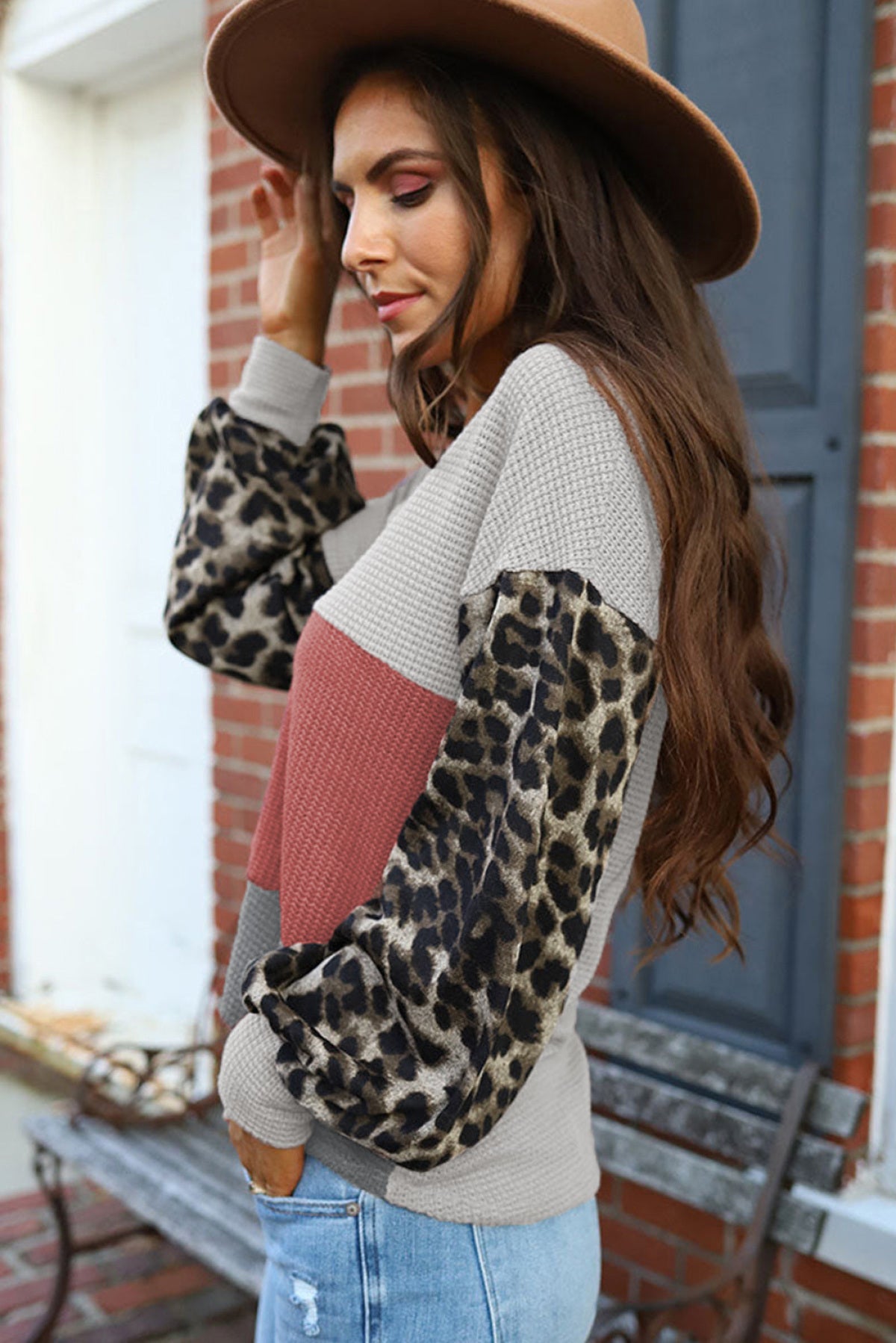 Red Wild Leopard Contrast Sleeve Colorblock Waffle Knit Top