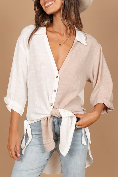 White V Neck Collared Curved Hem Contrast Colorblock Shirt