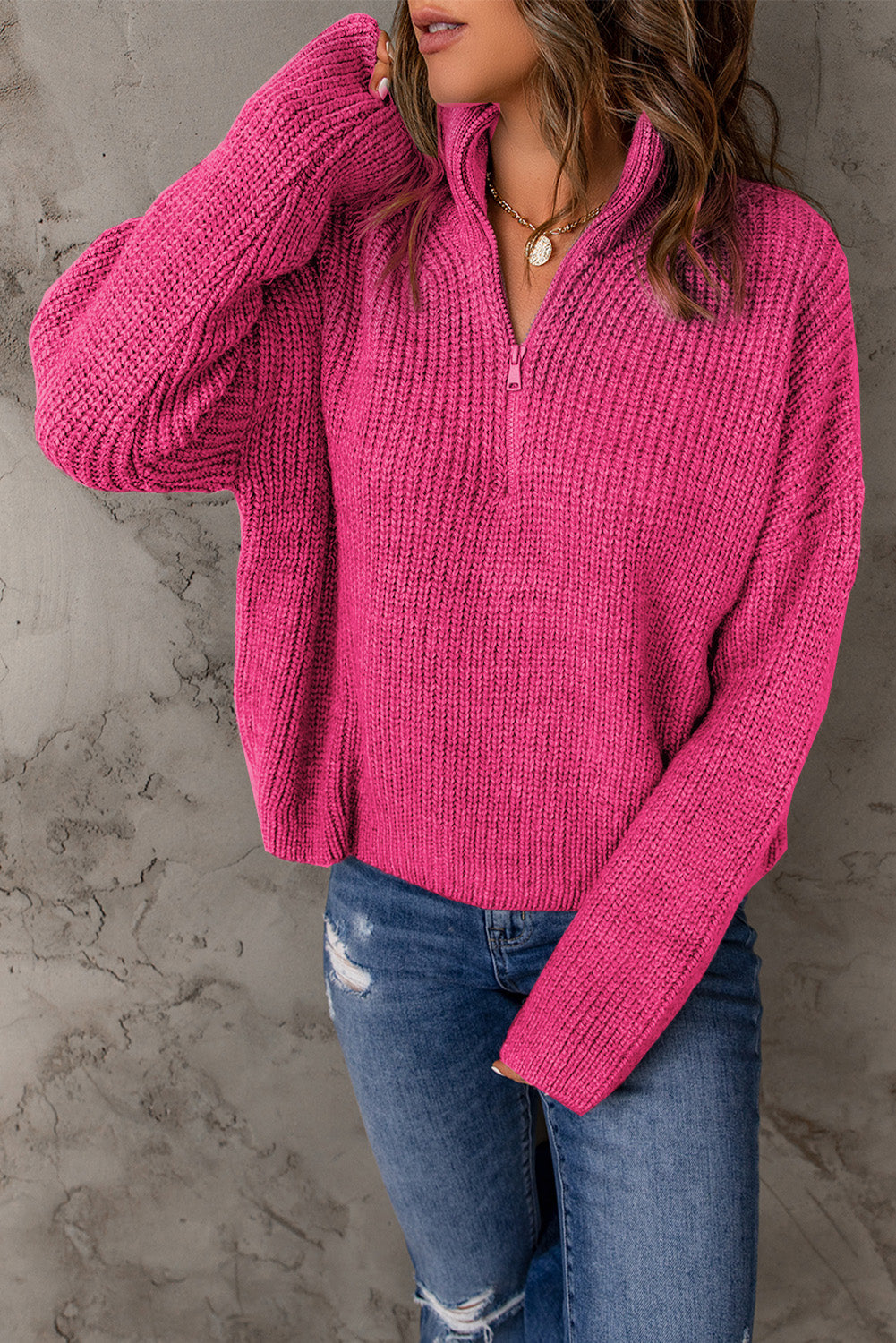 Half Zip Rib-Knit Dropped Shoulder Sweater