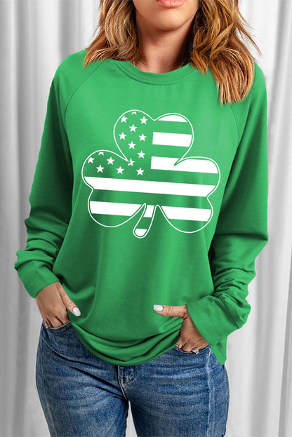 Green Raglan Sleeve Stripes Stars Clover Graphic Sweatshirt