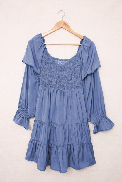 Boho Solid Shirred Ruffle Mini Dress