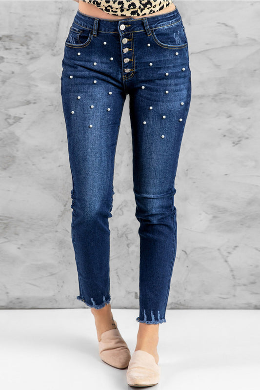 Blue Pearl Beaded Button Fly Distressed Skinny Jeans
