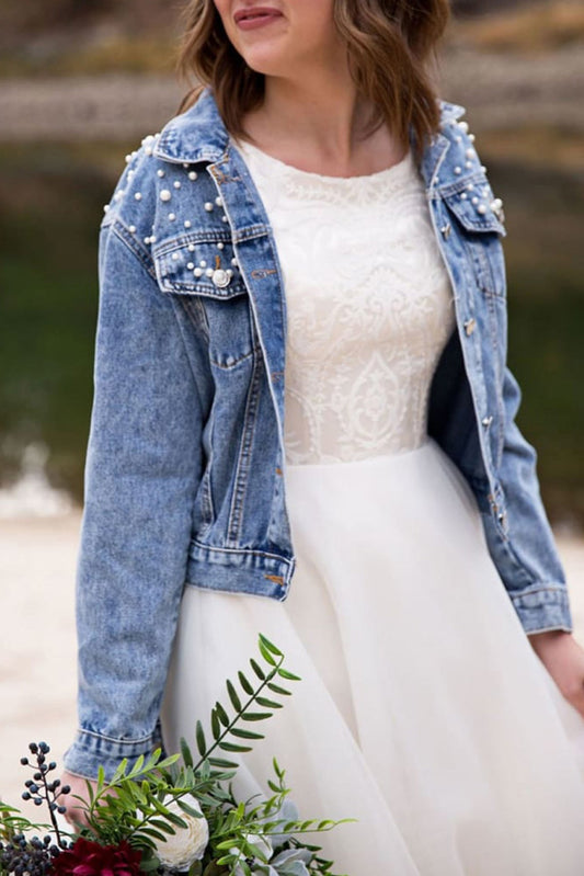 Sky Blue Plastic Pearl Turn Down Collar Denim Jacket