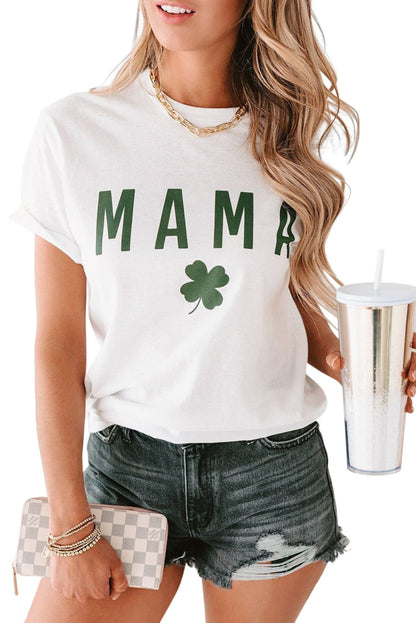 White MAMA Clover Print St Patrick’s Day T Shirt